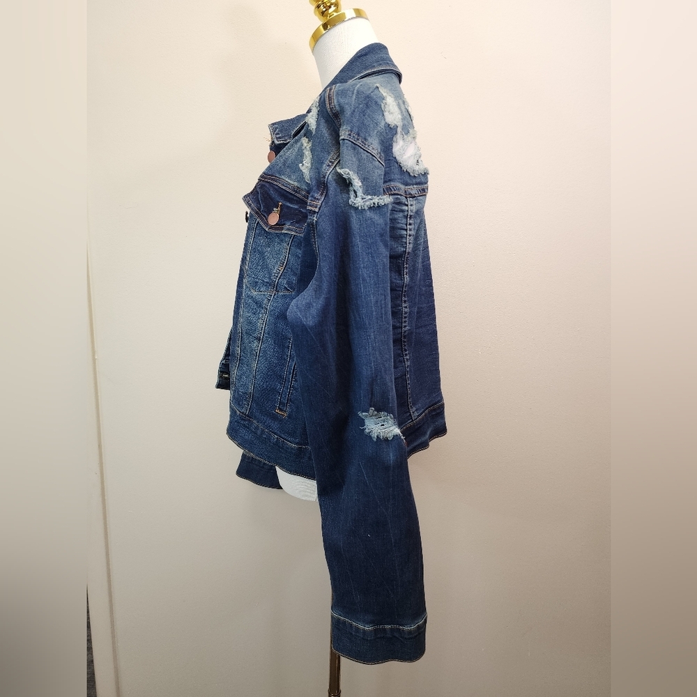 Fashion Nova Disstressed Blue Denim Jacket, Size 1X - Picture 2 of 7